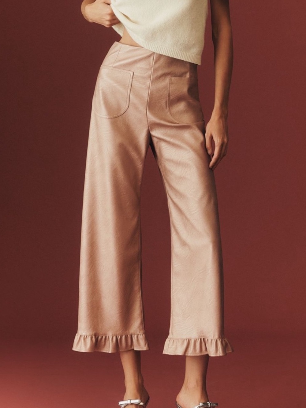 Anthropologie Colette Pants Maeve Cropped Wide Leg Ruffle Faux Leather New 26 - Picture 3 of 10